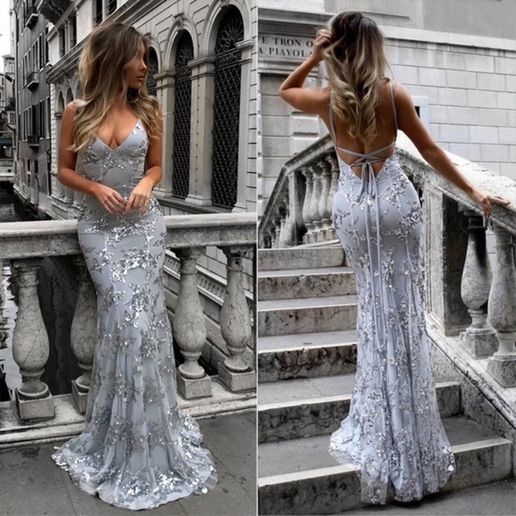 Dresses & Skirts - Silver V-Neck Sequin Mermaid Gown